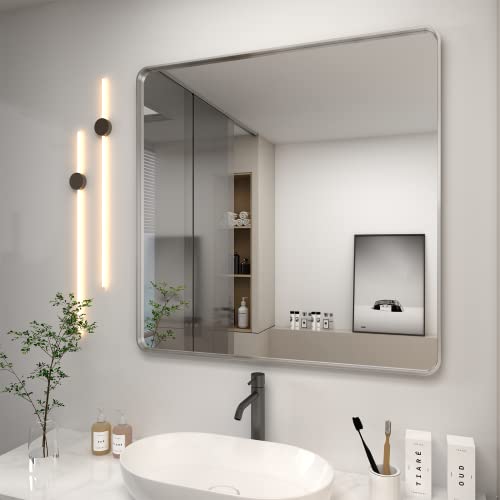 Charmor 36X36 Silver Square Bathroom Mirror For Wall, Brushed Metal Framed Bathroom Vanity Mirror, Rounded Rectangle Silver Mirror, Shatterproof, Anti-Rust (Horizontal/Vertical) #TOP11