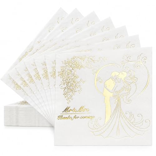 Ovanda 20 Stück Servietten Hochzeit Weiß Gold 3 Lagig Mr & Mrs Servietten mit Brautpaar Motiv Thanks for Coming Papierservietten 25 x 25 cm Hochzeit Tischdeko für Verlobung Brautparty Feier