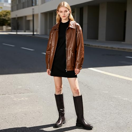Image of VIUGJNEX Knee High Boots Women Low Heel Flat Chunky Fall Tall Riding Boots | Round Toe Boots, Platform Block Heeled Boots, Lug Sole Long Riding Boots, Low Heel Flat Boots with Side Zipper