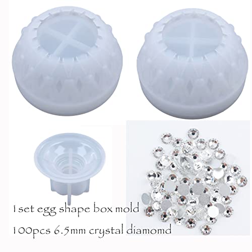 Egg Shape Box With Heart Lid Epoxy Mold, For Small Trinket Jar Making, Diy Resin Casting Silicone Mold With 100Pcs Matching Decorative Diamond #TOP6