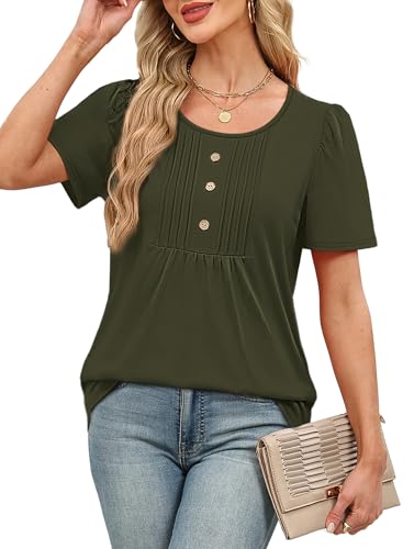 Image of Womens Tops Dressy Casual Blouses Short Sleeve Shirts Plus Size Fashion Clothing Spring Summer Outfits Button Pleated Front