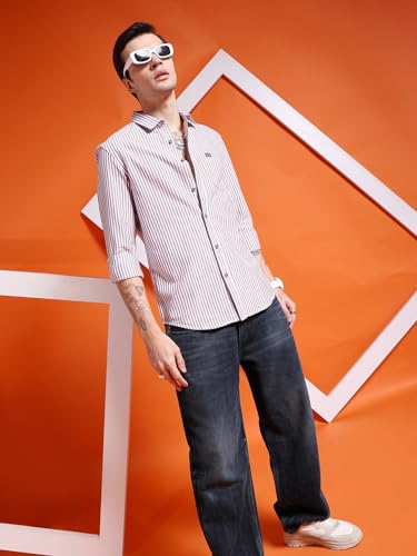 Image of The Indian Garage Co Men Slim Fit Striped Full Sleeves Cutaway Collar Casual Shirt