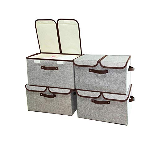 Storage Bins - File Cabinet Filing Box Storage Box Closet Desk Organizer with Lids, Center Divider Option, Double Lid, Legal & Letter Size Storage, Collapsible - Linen, Easy Storage (4 Pack)