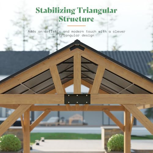 AMERLIFE 10x12 ft Spruce Wood Gazebo, Hardtop Pergola with Metal Steel Roof, Outdoor Gazebo with Guest House for Garden, Porch, Patio, Black + Natural Wood