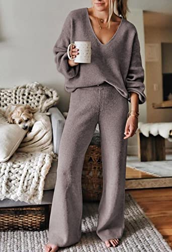 Image of Viottiset Women's 2 Piece Outfits Casual V Neck Knit Wide Leg Sweater Lounge Set Sweatsuit