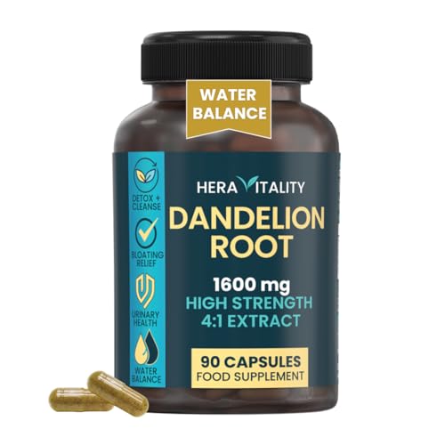 Dandelion Root Capsules for Water Retention Tablets & Balance – 1600mg 4:1 Extract, High Strength Vegan Supplement | Water Balance & Bloating Support | Made in UK by HERA VITALITY (90 Capsules)