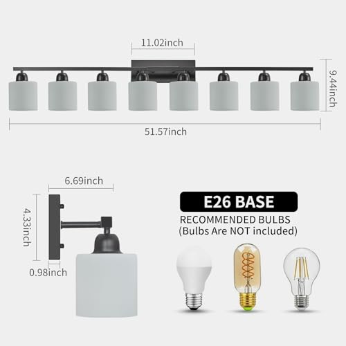 Image of 8 Light Black Bathroom Light Fixtures Over Mirror for Big Mirror, Modern Bathroom Lighting with Milky White Frosted Glass Shades,51 inch Lights for Vanity for Mirrors, E26