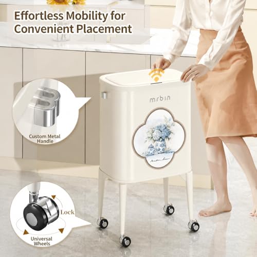 Image of MRBIN Metal Motion Sensor Kitchen Trash Can with Wheel Legs, 36L / 9.5gal Slim Waste Basket with Lid, Narrow Garbage Pail for Vanity, Living Room, Bathroom, Bedroom, Blue and White Porcelain