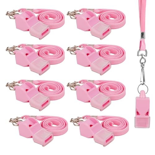 Biiange Silbato rosa, silbato de plástico, silbato con cordón, para actividades al aire libre, silbatos de entrenamiento de entrenadores, silbatos de fiesta para deportes y fiestas (8 piezas)