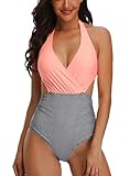 Misolin Damen Badeanzug Neckholder V-Ausschnitt Rückenfrei Einteiliger Bademode Bauchweg Cutouts Strandbikini,Orange/Grau,M