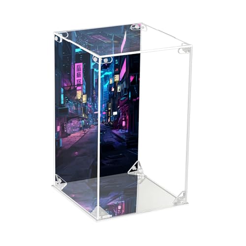 CHILLCASE UV Printed Background Acrylic Display Case with Mirror Base Anime Scene Clear Display Box Stand for Collectible Showcase for Action Figures Models PVC(Cyberpunk,5.9×5.9×9.8 inch