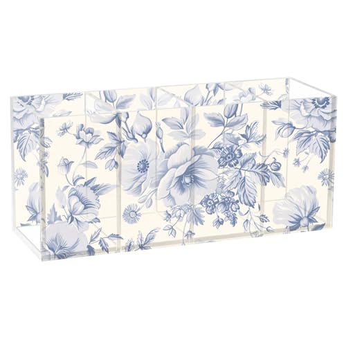 ZRYSMY Acrylic Pen Holder Blue Floral White 4 Compartments Acrylic Pencil Holder Desk Organizer Desktop Makeup Brush Holder