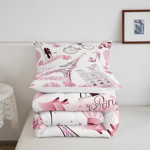 Image of Paris Eiffel Tower Bedding Set for Girls Kids Couple Lover Romantic French Comforter Trip Design Comforter Set Pink White Room Decor Famous Cityscape Duvet Set Twin Size Bedspreads Coverlet Sets Boys