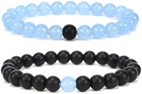 EIGHTEX Black Matte Agate & Turquoise His and Hers Bracelets 8mm Sandstone Couple Bracelet Distance Bracelets (Sky blue 2PCS/Set)