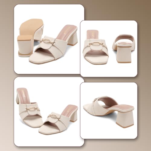 Image of Women's Block Heel Mule Sandals | Stylish Slip-On Heels with Metal Chain Detail | Cushioned Footbed | Square Toe Fashion Slides for Party, Office & Casual Wear