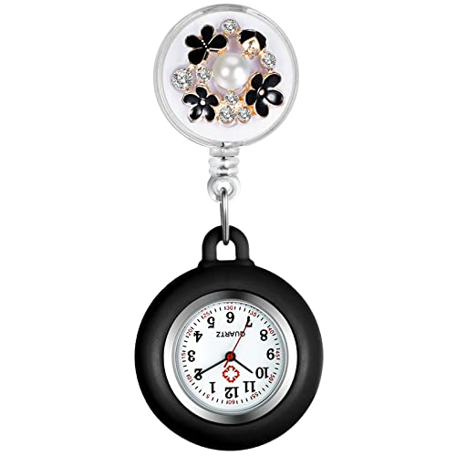 Lancardo Retractable Nurse Watch Clip On Pearl Flower Patterns Badge with Secondhand Stethoscope Lapel Fob Pocket Doctor Nurse for Women and Men