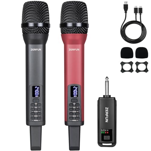 ZERFUN Rechargeable Wireless Microphones Dual, Pro Handheld Cordless Mics System Dynamic with Echo Treble BASS VOL Control for Karaoke Singing Church Party, 1/4'' Output, D240, Grey&Red