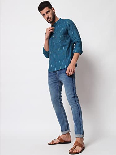 Image of Vastraa Fusion Men's Handloom Weaving Pure Cotton Short Kurta, Round Collar, Full Sleeves,Button Kurta, Ethnic Wear