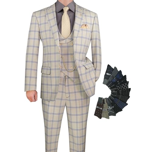 Luxurious Men's Modern-Fit, 3-Piece Windowpane Suit-Stretch Fabric w/1 Free Pair of Socks