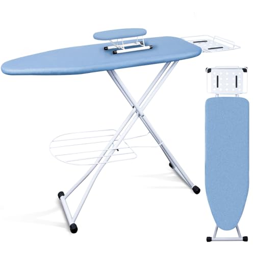 Lista de Burro de planchar los 10 mejores. 45 CroSpin Tabla de Planchar, 90 x 30 cm Burro de Planchar Plegable con Soporte para Plancha, Percha y Estante de Almacenamiento, Que Ahorra Espacio, Regulable en Altura (Azul)