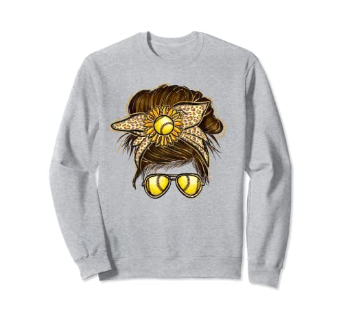 Mom Softball Messy Bun Shirt Mujeres Leopard Sport Funny Sudadera