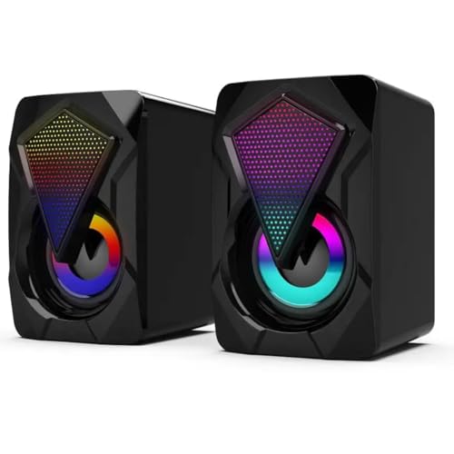 Portable, Powerful Mini Speakers for PC LaptopTablets, RGB-7 Colourful LED Lights, volume control, Stereo 2.0, USB Powered 3.5mm Aux, cord length 1.3m for Gaming/Entertainment -(Black)