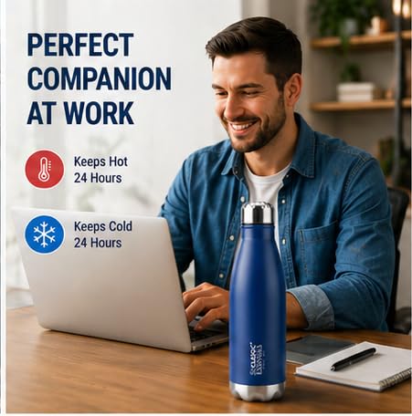 Image of CLASSIC ESSENTIALS Insulated Double Wall Vacuum Stainless Steel Water Bottle 24 Hours Hot and Cold,BIS Approved,100% Leakproof Lid,Sweat Proof Water Bottles, Great for Travel Picnic (Blue,1000ml)