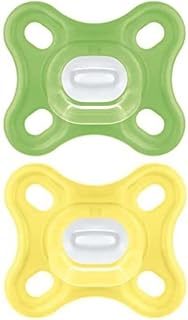 MAM Comfort All-Silicone Soothers 0 Months+ (Pack of 2), Soft and Light Newborn Soother, Premature and Newborn Essentials, with Self Sterilising Travel Case, Green /Yellow