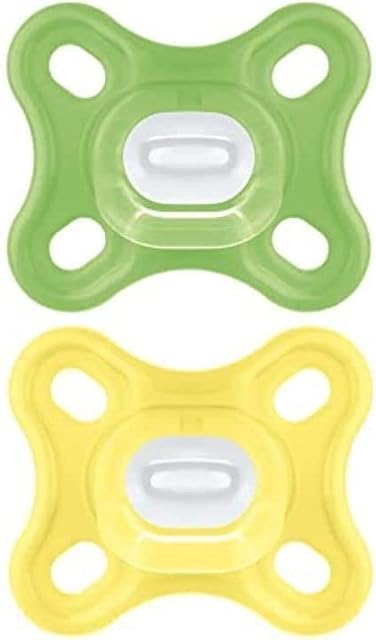 MAM Comfort All-Silicone Soothers 0 Months+ (Pack of 2), Soft and Light Newborn Soother, Premature and Newborn Essentials, with Self Sterilising Travel Case, Green /Yellow