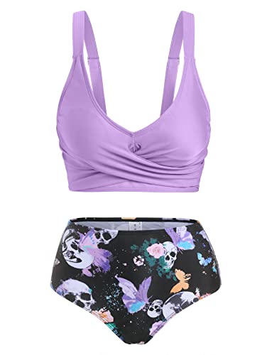 DRESSFO Women's High Waisted Bikini Sets with Cover Up Skirt 3 Piece Gothic Skull Swimsuit Padded Tummy Control Bathing Suit2