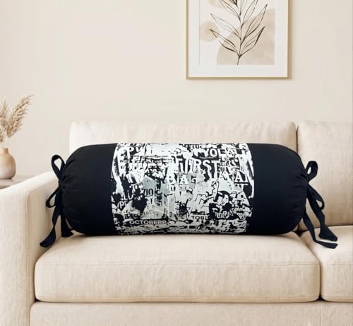 Image of SAJAVAT HOME Black & White Printed Bolster Cover Set of 1 | 32x15 Inch Side Pillow Cover with Adjustable Ties for Sofa, Couch & Diwan | Stylish Round Pillow Cover