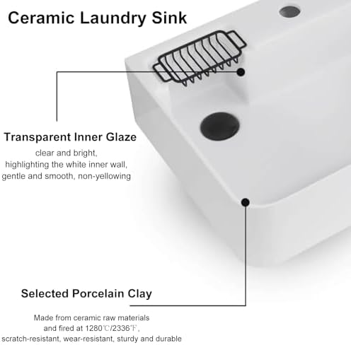 Modern Ceramic Laundry Room Utility Sink with Undermount Design, Washboard Faucet & Soap Holder, Ideal for Balcony & Bathroom - 60x46x15cm/23.6x18.1x5.9in