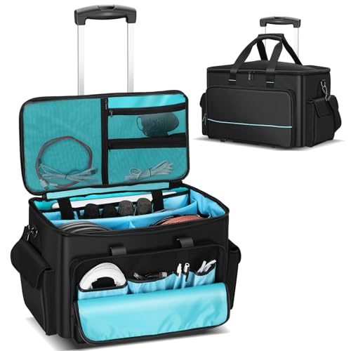 DJ Cable Bag, Rolling DJ Cable Bag with Detachable Trolley & Dividers, Large Capacity Gig Bag with...