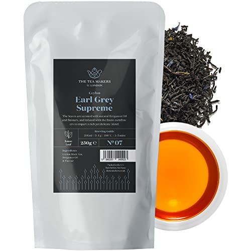 Supreme Earl Grey Tea Loose Leaf - Natural Blend of Sri Lankan Black Tea, Bergamot Extract & Blue Cornflowers - Rich Citrusy & Floral Notes by The Tea Makers of London - 250g