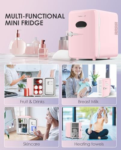 Image of CUTIEWORLD Skincare Fridge - 4L Makeup Fridge for Refrigerating Makeup, Skincare and Food, Mini Fridge for Bedroom, Office and Car, Cooler and Warmer, Beverage Cooler, Leather Pink