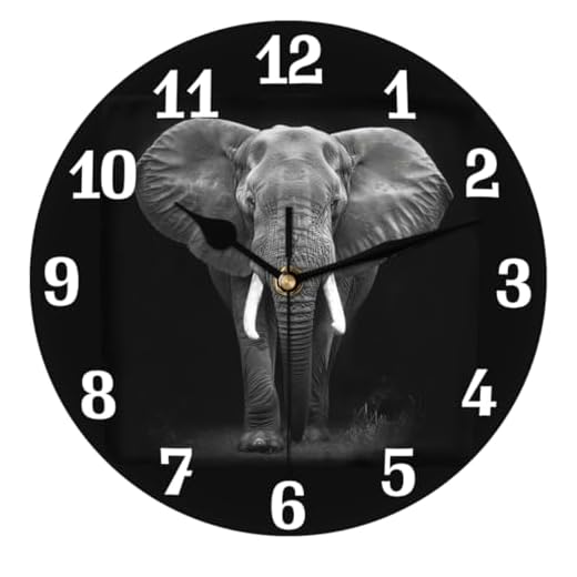 Wall Clock African Animal Elephant Black, Silent Non Ticking Clock for Kitchen Living Room Bedroom Home Artwork Gift