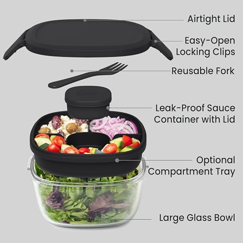 Image of Bentgo Glass Salad Container - 7.6-Cup Salad Bowl with Airtight Lid, Leak-Proof Sauce Container, 4-Compartment Bento Tray & Reusable Fork - BPA-Free for Meal Prep, Office & More (Black Onyx)