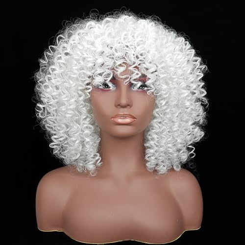Colorfulpanda Short Curly Afro White Wigs with Fringe Puffy Afro Wig Kinky Culry Natural Synthetic Hair Wigs for Black Women Cosplay Halloween Party/Daily Wear - Image 2
