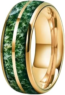 8MM Men Women Tungsten Carbide Ring Band Dome Double Groove Green Moss Agate Inlay Comfort fit Band