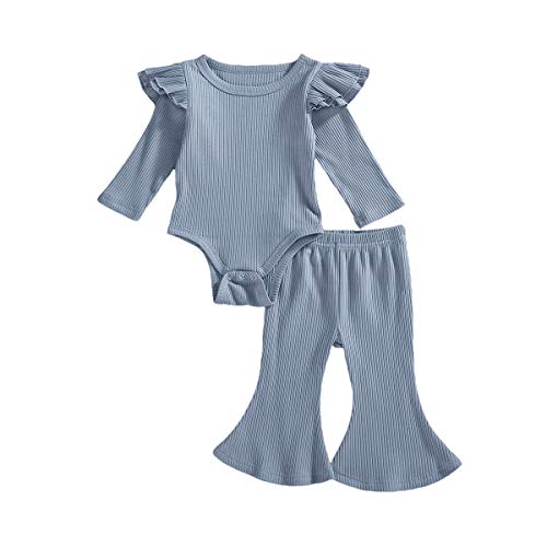Newborn Baby Girl Boy Autume Clothes Long Sleeve Bodysuit Top+Flared Trousers Pant Set Solid Outfit 2Pcs (Blue&Green,3-6 Months)
