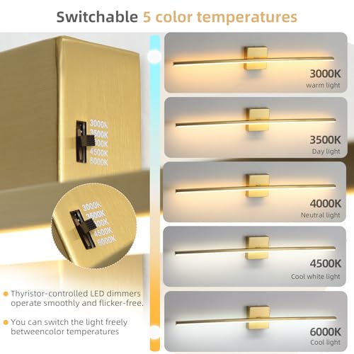 Image of Modern Bathroom Vanity Light 32 Inch, 20W Brushed Brass Bathroom Light Fixture Over Mirror, Dimmable 5CCT LED Wall Sconce Lighting for Restro