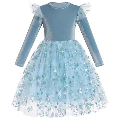 IDOPIP - Vestido de manga larga de terciopelo para otoño e invierno, estrellas brillantes de tul A, tipo volantes, fiesta de cumpleaños, fiesta, princesa, vestido, azul, 5-6 Años