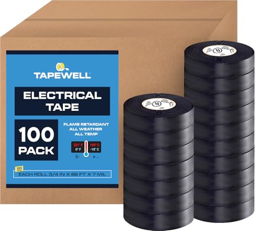 TAPEWELL Black Electric Tape Professional Grade, 3/4 inch x 66ft - 100 Pack