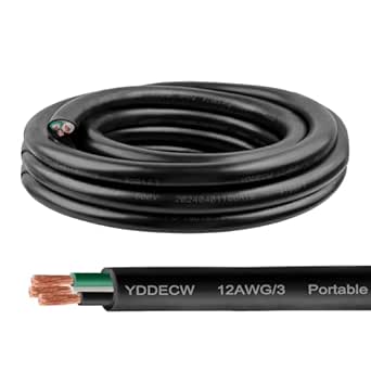 10ft 12/3 12 AWG Portable Power Cable (3 Conductor) - SOOW 600V 12 Gauge Electric Wire for Motor Leads, Portable Lights, Battery Chargers and Machinery - 3 Conductor - 10 Feet Electrical Cord