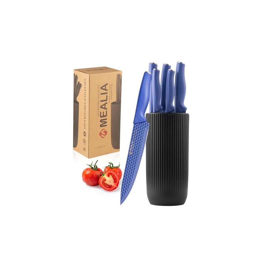Mealia 6-Piece Kitchen Knife Set with Universal Knife Block, Non-stick Sharp Stainless Steel Knives, Ergonomical Design, Dishwasher Safe, Purple&Black