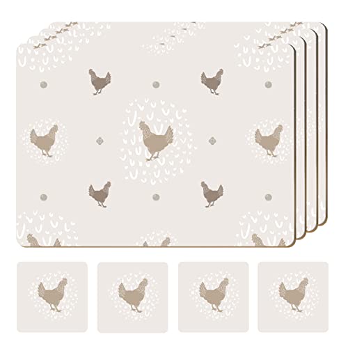 Set of 4 Heat Resistant Farmhouse Placemats for Dining Table with Free Set of 4 Matching Drink Coasters Rustic Vintage Design 16 x 12 Inches Cork Backed Hard PlacematsFarmhouse Chicken