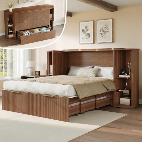 Image of AMERLIFE Full Murphy Bed with Storage Bedside Shelves & Sliding Tambour Door, Modern Cabinet Bed with Charging Station & Curved Fluted Design for Bedroom /Guest /Home Office, Brown