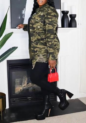 Vakkest Ripped Camo Jacket for Women Long Sleeve Casual Distressed Fray Fringe Hem Army Fatigue Trucker Outwear Coat4