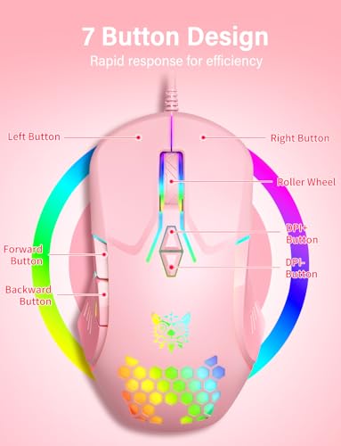 Wired USB Mouse, Computer Mouse with RGB Lighting, 4 Adjustable DPI, Ergonomic Optical Office Mouse, 7 Buttons Corded Mice for Window/PC/Laptop/Desktop/Mac/Chromebook, Pink - Image 4