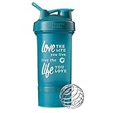 GOMOYO Motivational Quotes on Blender Bottle Brand ProStak Shaker Cup, 22 Ounce Protein Shaker Bottle with BlenderBall Whisk and Two Twist n’ Lock Attachable Containers (Love Life - Teal)